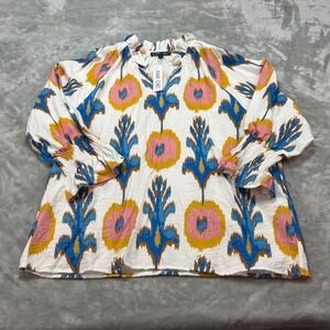 Boho Chic Women's Multicolor Print‎ Tunic Top Smocked Sleeve Blouse Size L